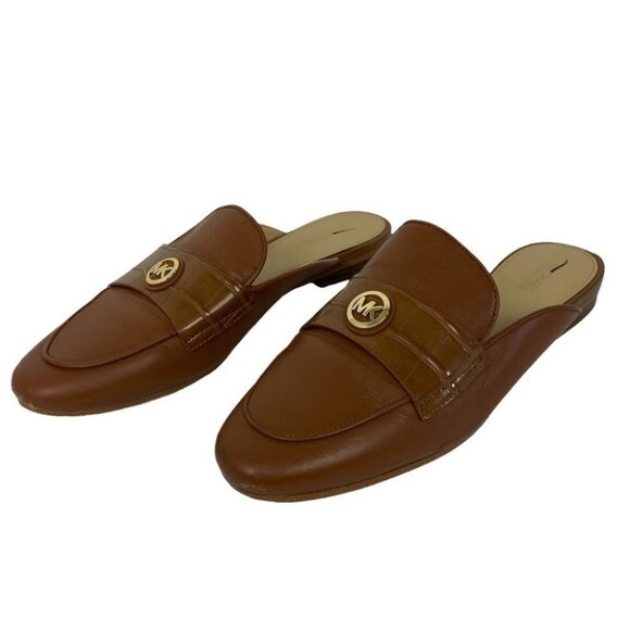 Michael Kors Plate Brown Leather Mules Slip On Slides Size 7.5 Gold Hardware - Picture 5 of 9